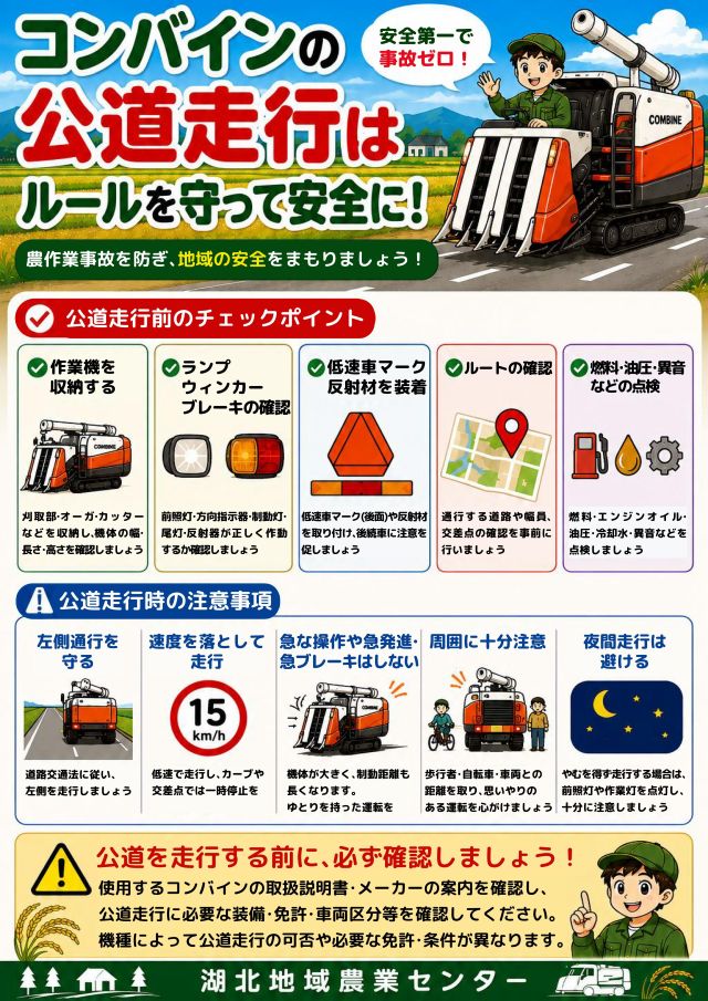 コンバインの公道走行はルールを守って安全に！