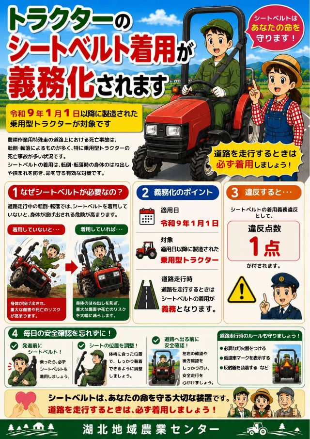 トラクターのシートベルト着用が義務化されます