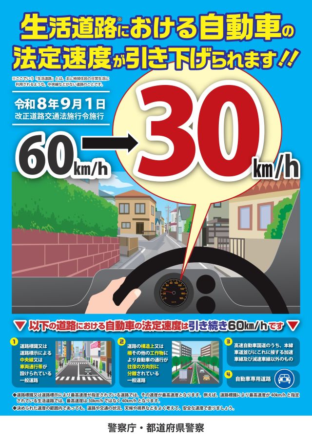 生活道路における自動車の法定速度が引き下げられます！！